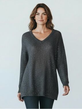 APT 9 V-Neck Sequin Embellished Long Sleeve Black Heavy Sweater Size XL